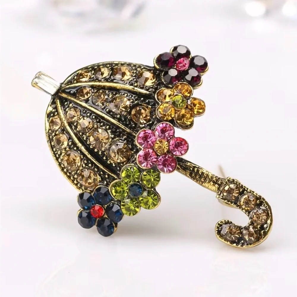 Floral Umbrella Brooch Rhinestone Y2K  Pin Corsages Scarf Pins Women’s Jewelry